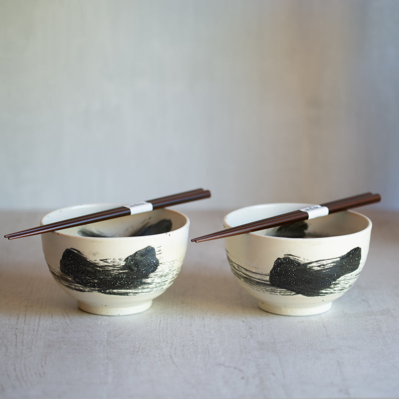 Japanese Ceramics | White with Black Brushstroke  | 2 Bowl Set