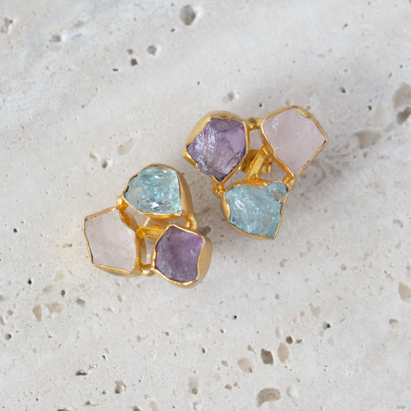 Raw Crystal Stone Earrings | Triple Stud A