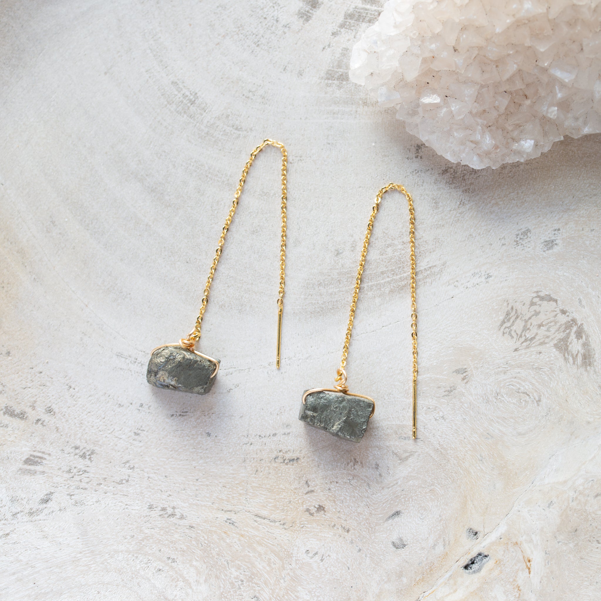 Natural Stone Chain Drop Earrings | Pyrite