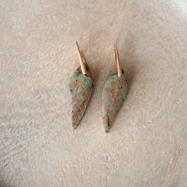 Natural Stone Earrings | Carved Green Opal Leaves