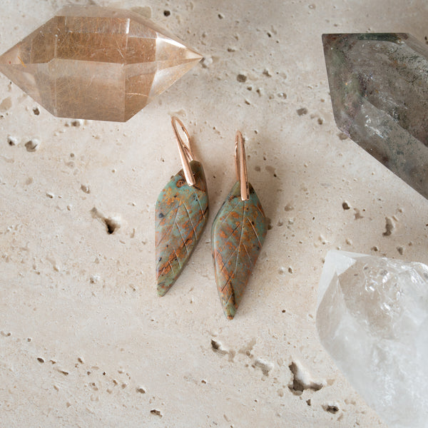 Natural Stone Earrings | Carved Green Opal Leaves