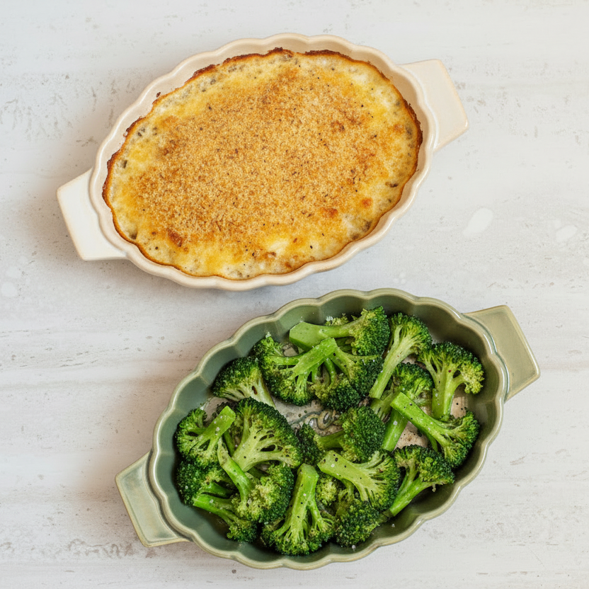 A top-down view of a baked casserole in a beige oval baking dish and steamed broccoli florets in a green scalloped baking dish, set on a white wooden surface.