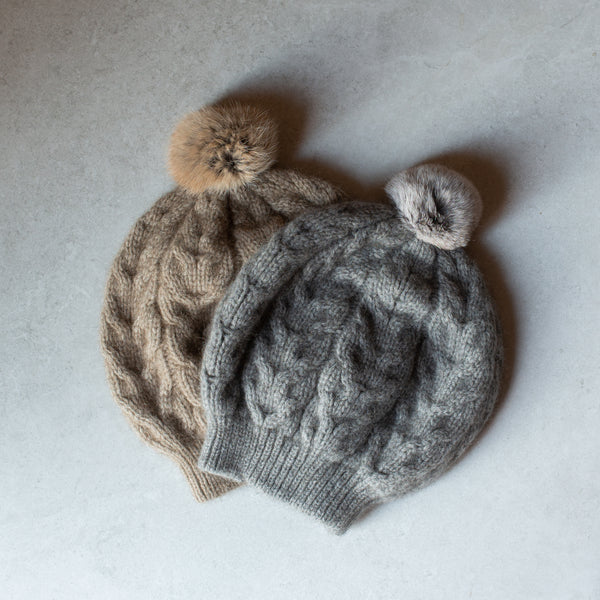 Possum Merino Cable Hat with Rabbit Pompom | Natural