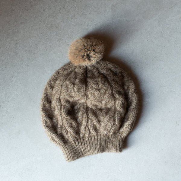 Possum Merino Cable Hat with Rabbit Pompom | Natural