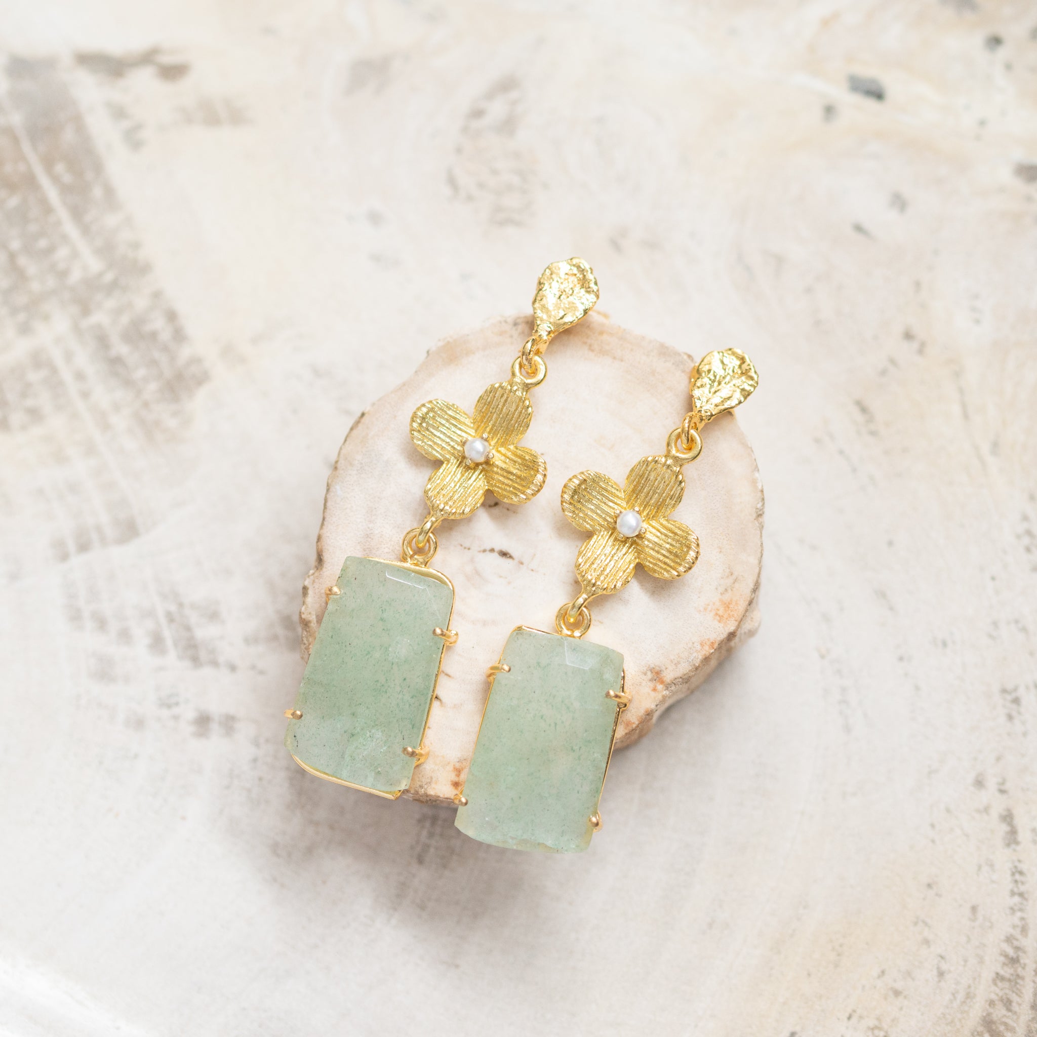 Raw Crystal Stone Earrings | Gold Flower + Chalcedony