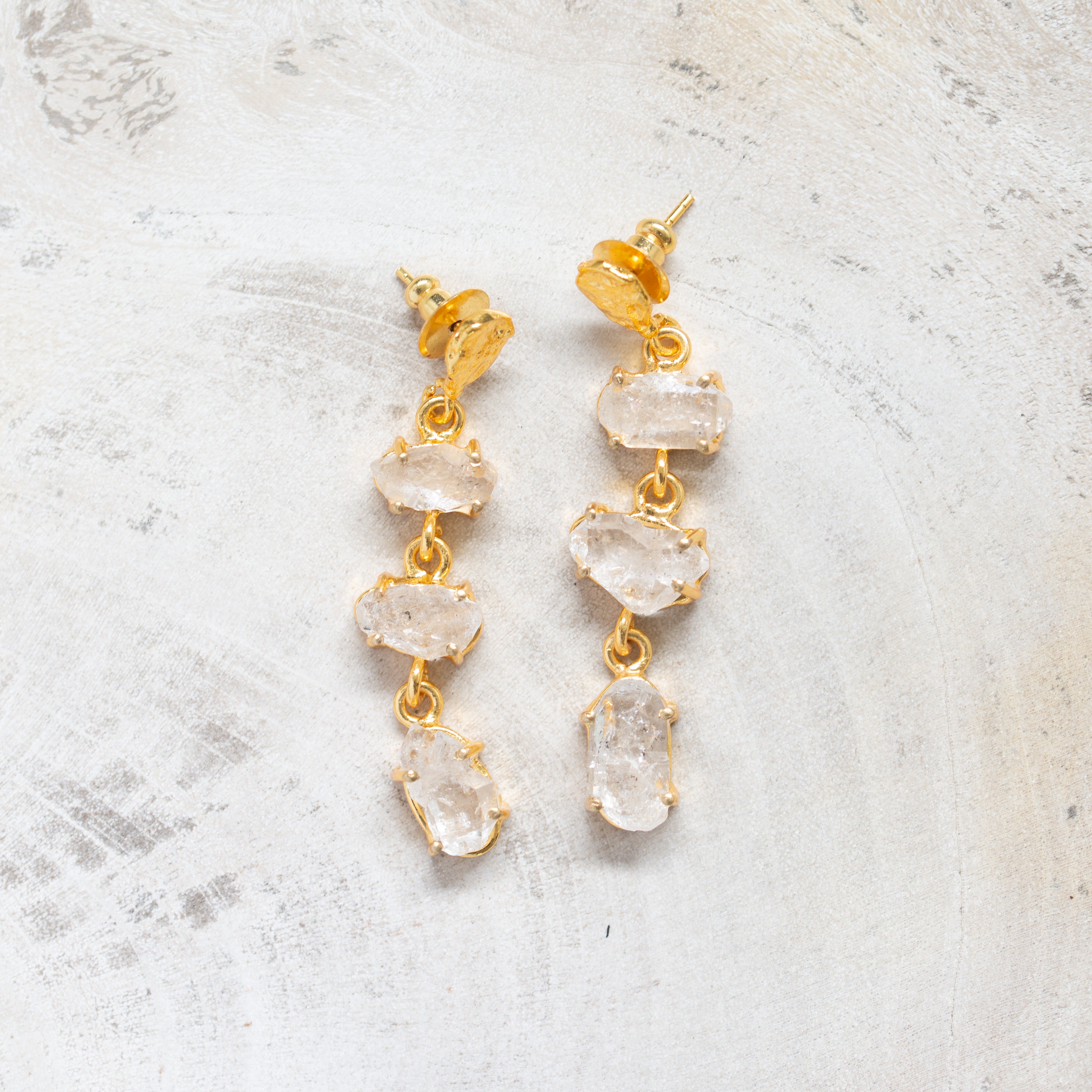 Raw Crystal Stone Earrings | Herkimer Diamond Triple Drop