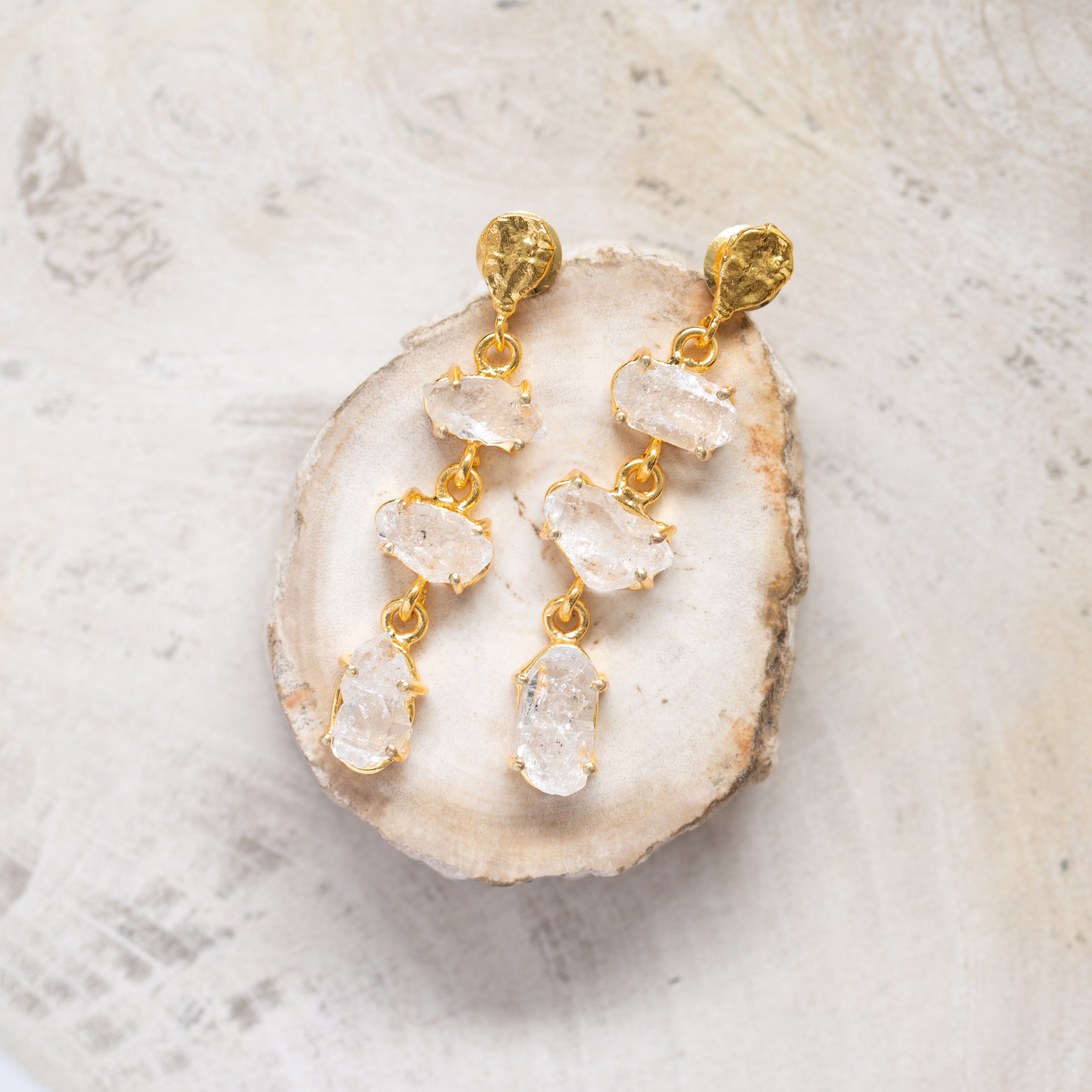 Raw Crystal Stone Earrings | Herkimer Diamond Triple Drop