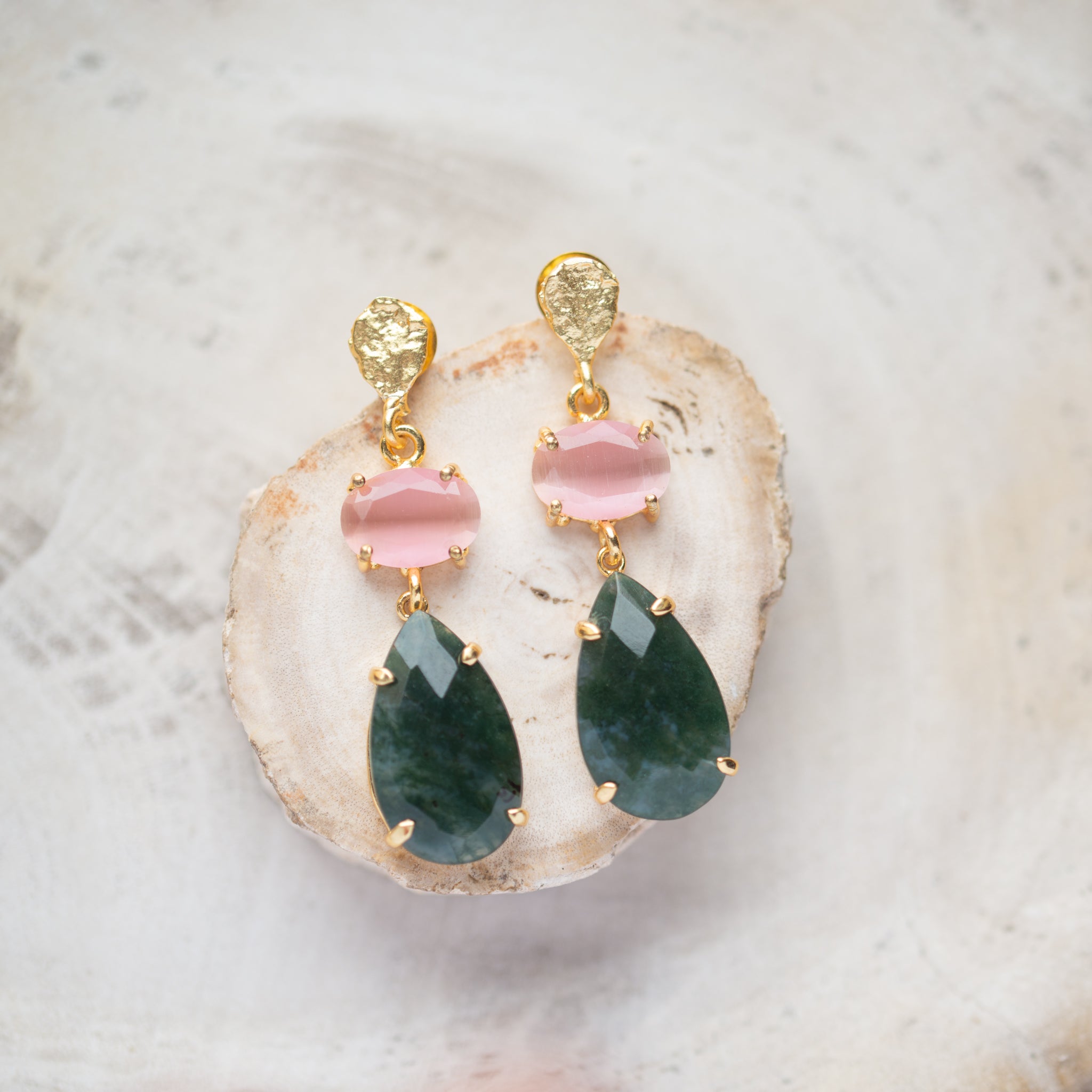 Raw Crystal Stone Earrings | Moss Agate + Pink