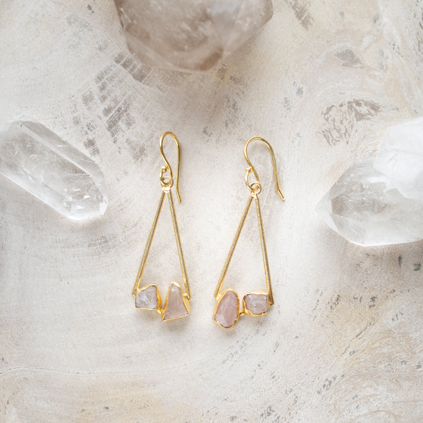 Raw Crystal Stone Earrings | Triangle Drop A | Rose Quartz