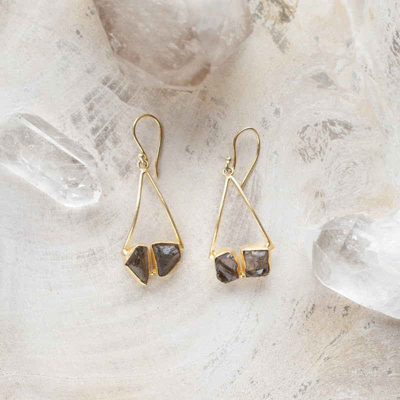 Raw Crystal Stone Earrings | Triangle Drop B | Smokey Quartz