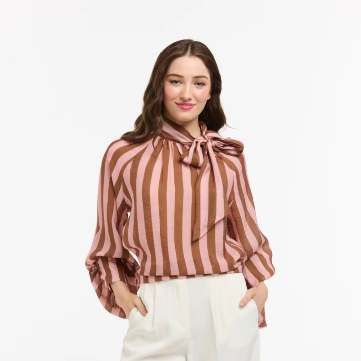 Bow Neck Shirt | Stripe | Pink
