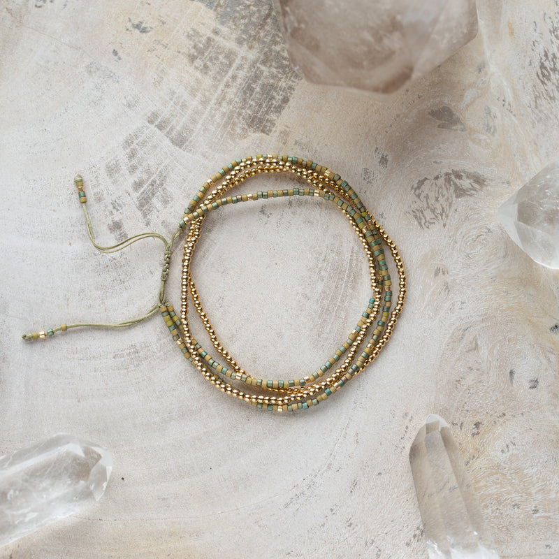 Bracelet Set | Green Seed Beads + Mini Gold Beads