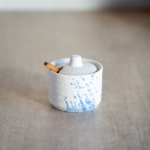 Condiment/Spice Pot + Spoon | White + Blue Splash