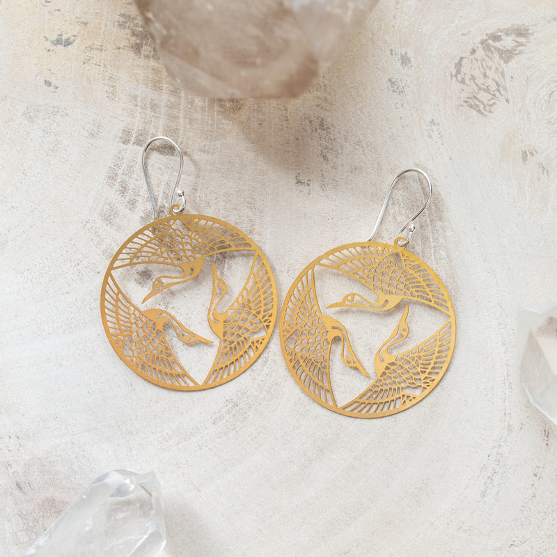 Sterling Silver + Brass Earring | Cranes