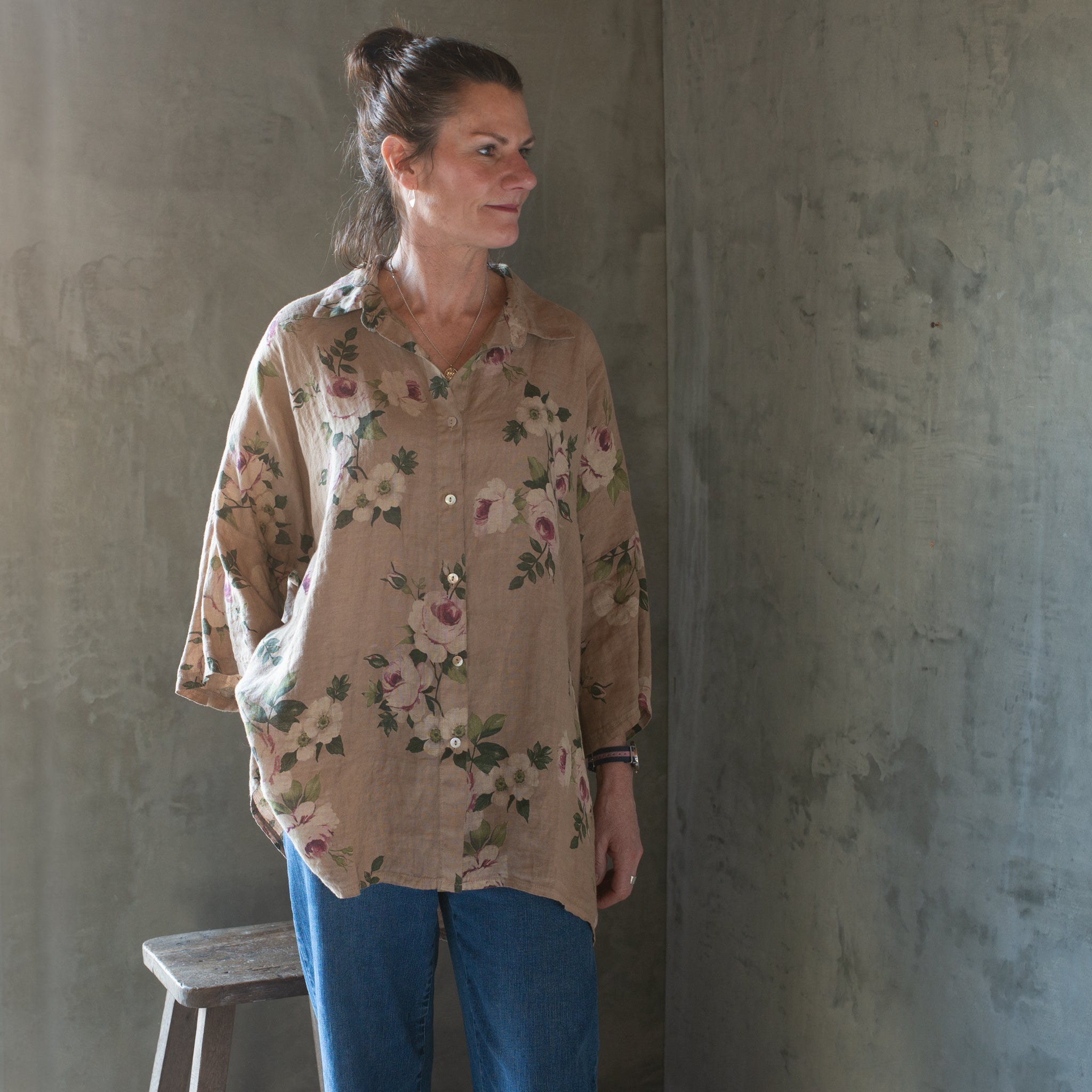 Teddie Floral Linen Shirt | Olive Rose | OS