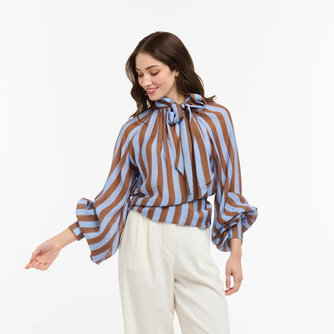 Bow Neck Shirt | Stripe | Blue