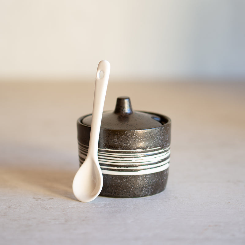 White Brushstroke Condiment/Spice Pot + Spoon