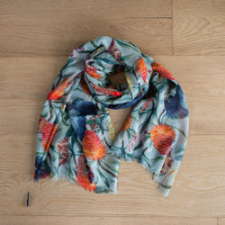 Wool + Silk Scarf | Blue Banksia + Parrots