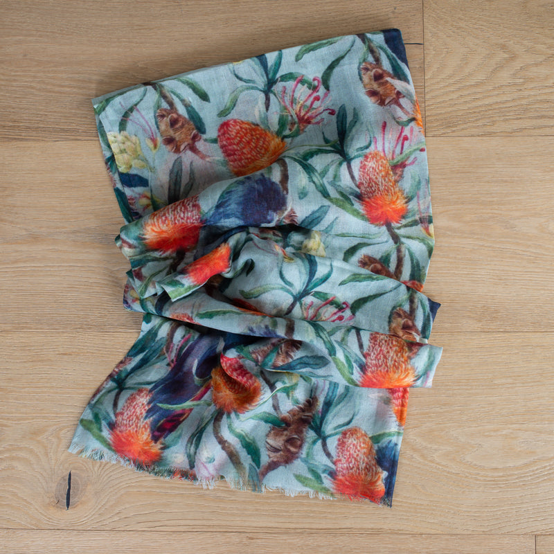 Wool + Silk Scarf | Blue Banksia + Parrots