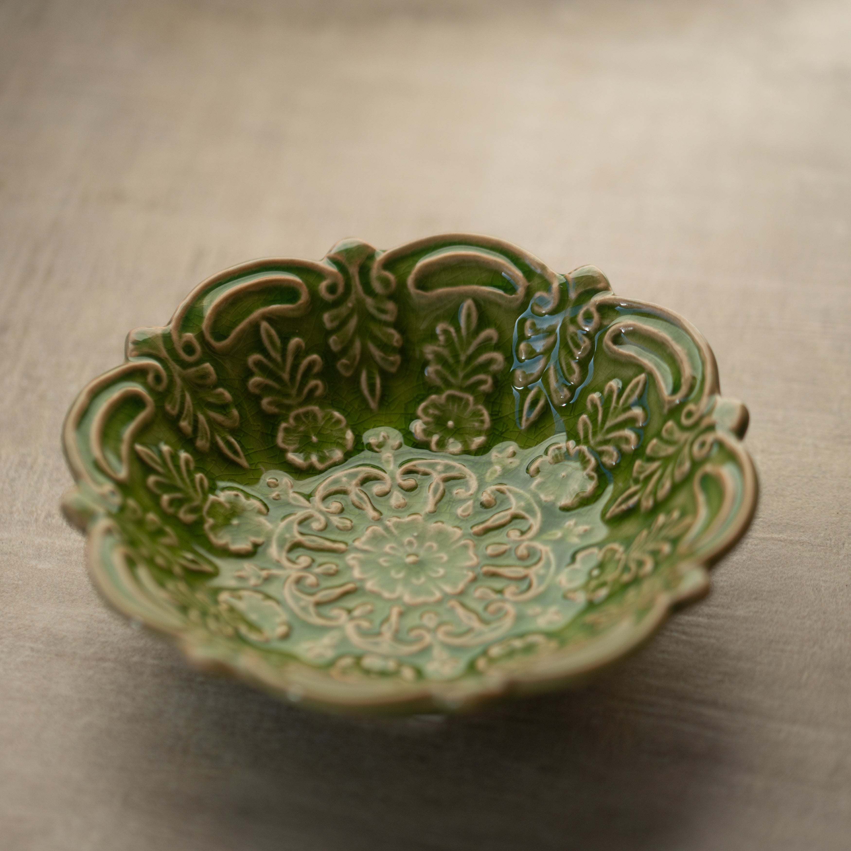 Ceramic Trinket Plate | Ornate | Green