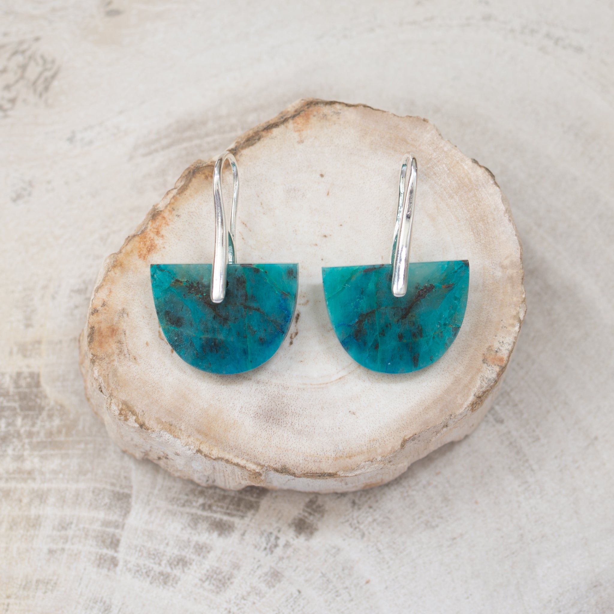 Natural Stone Earrings | Chrysocolla Shield A