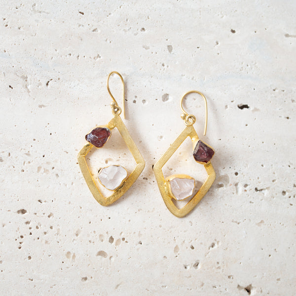 Raw Crystal Stone Earrings | Diamond Drop Garnet + Rose Quartz