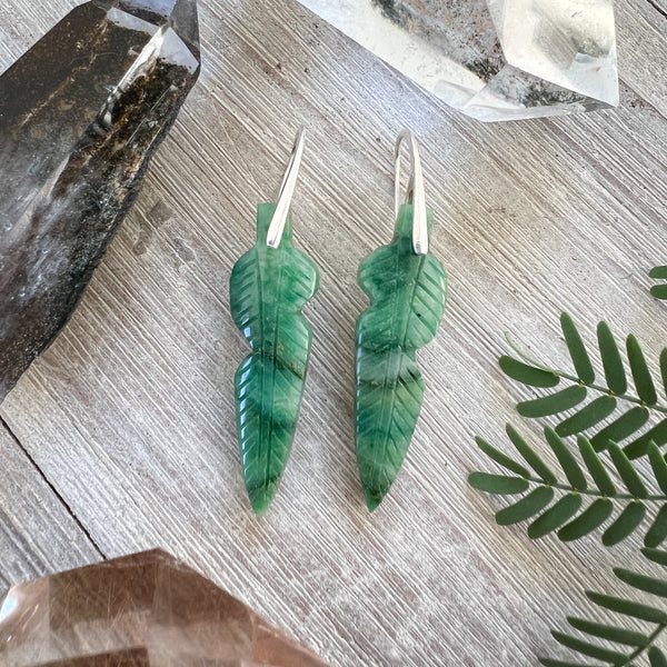 Natural Stone Earrings | African Jade Feather | Silver Hooks (E)