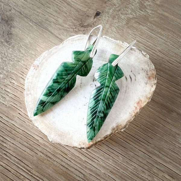 Natural Stone Earrings | African Jade Carved Feathers | Design F