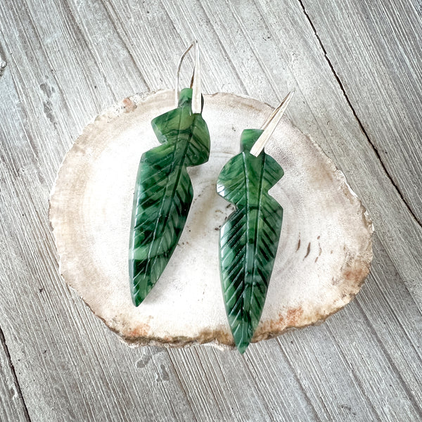 Natural Stone Earrings | African Jade Carved Feathers | Design F