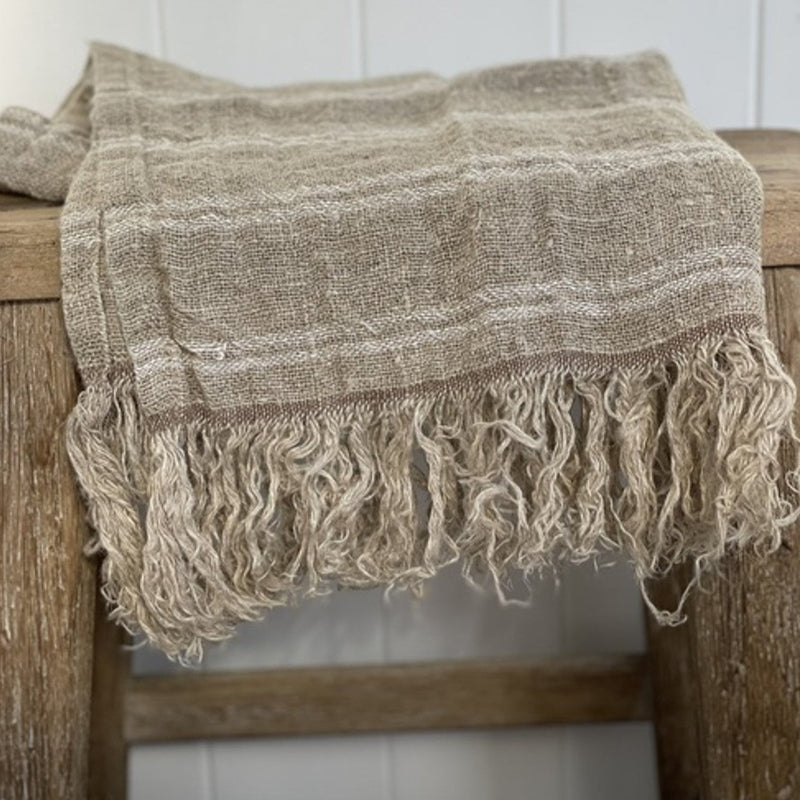 Rustic Linen Handloomed Hand Towel | White Stripe