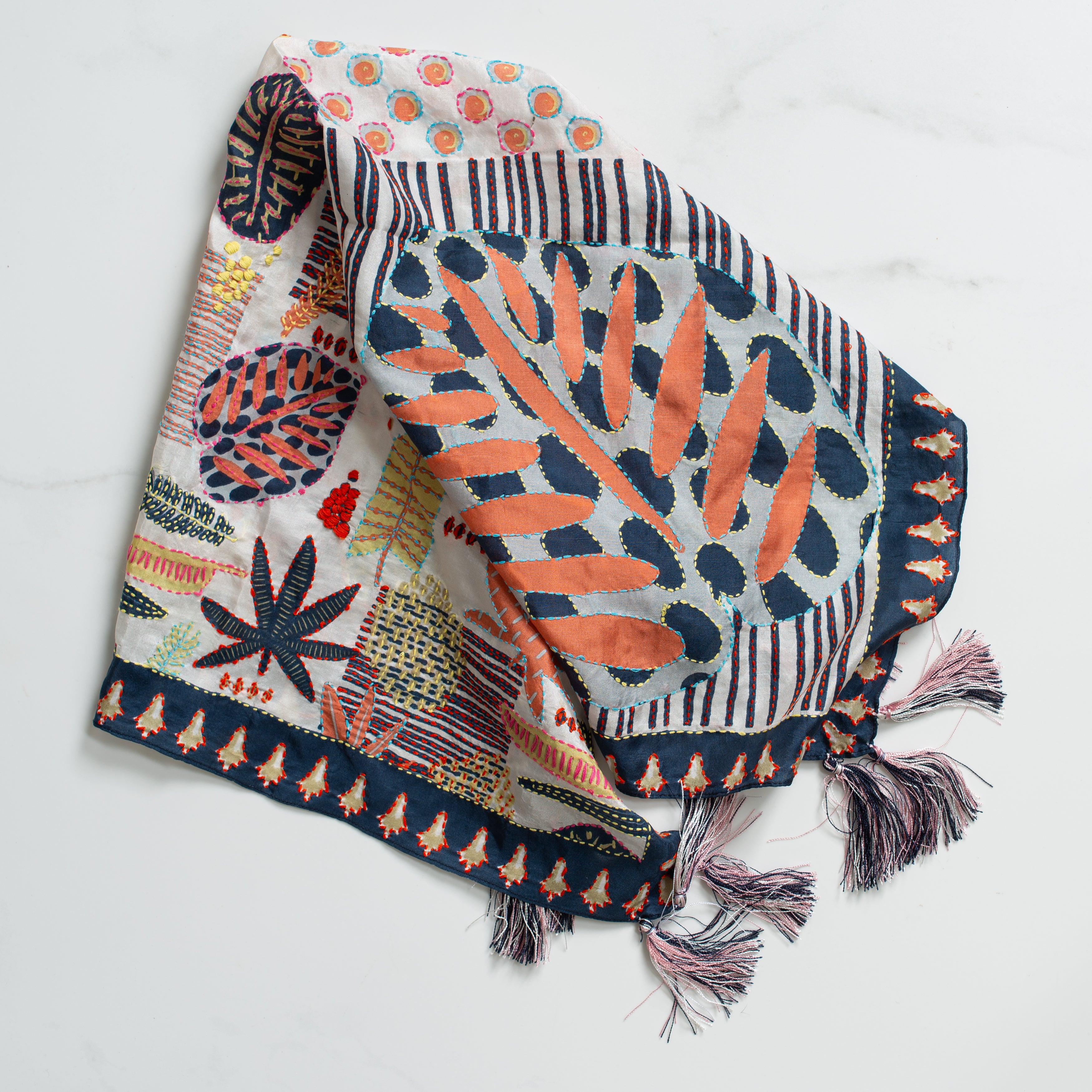 Embroidered Silk Scarf | Wild Flora | Navy