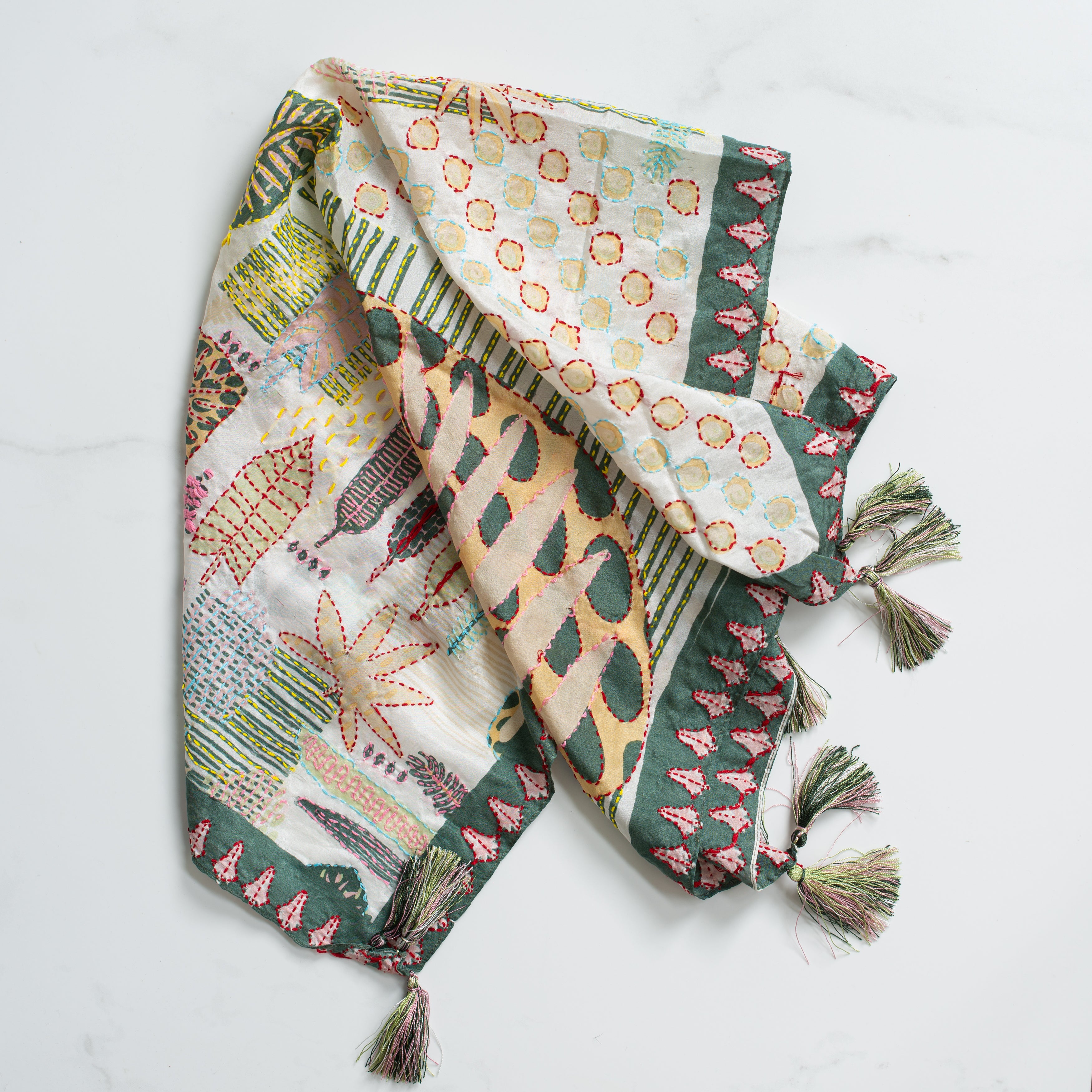 Embroidered Silk Scarf | Wild Flora | Green