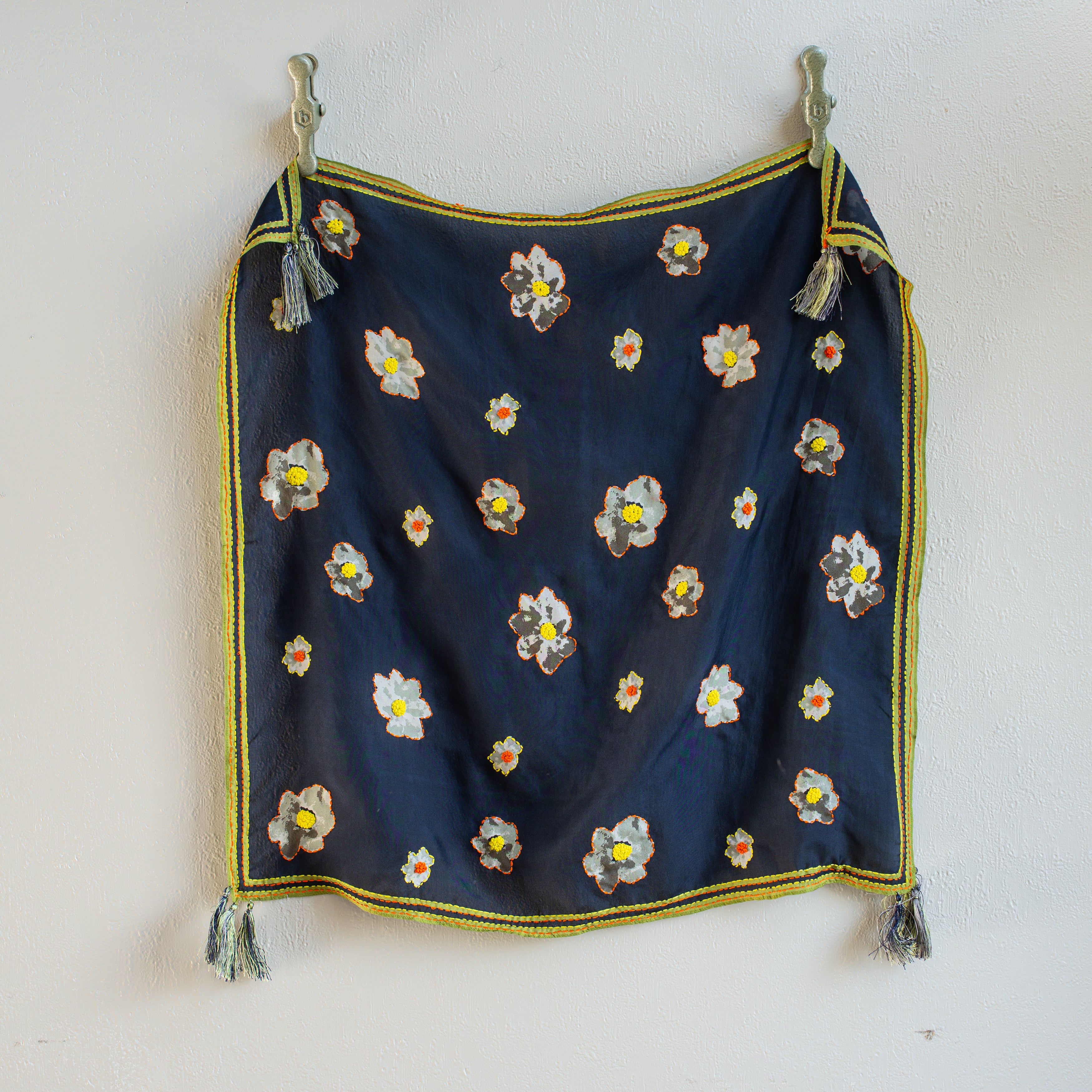 Embroidered Silk Scarf | Navy Blooms
