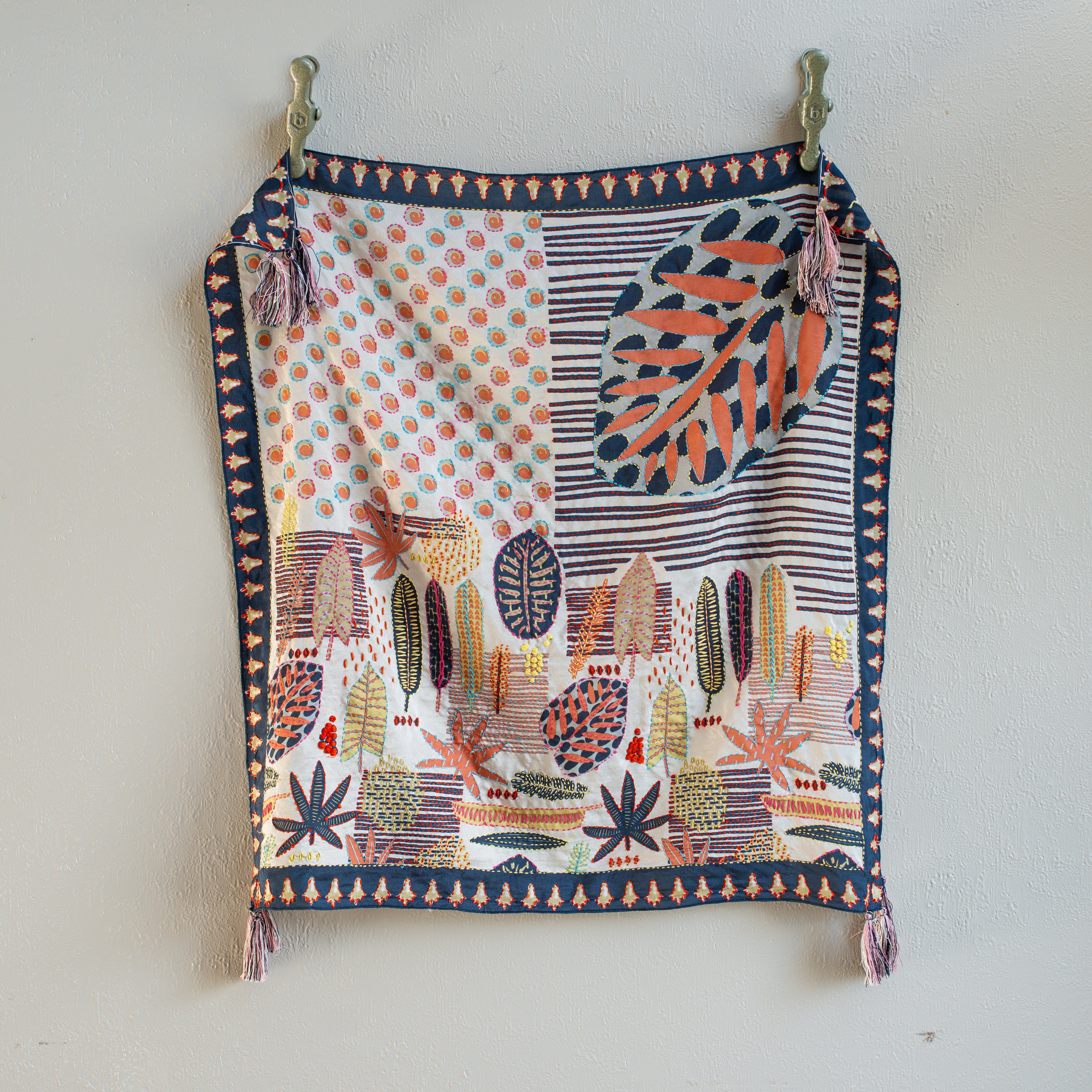 Embroidered Silk Scarf | Wild Flora | Navy