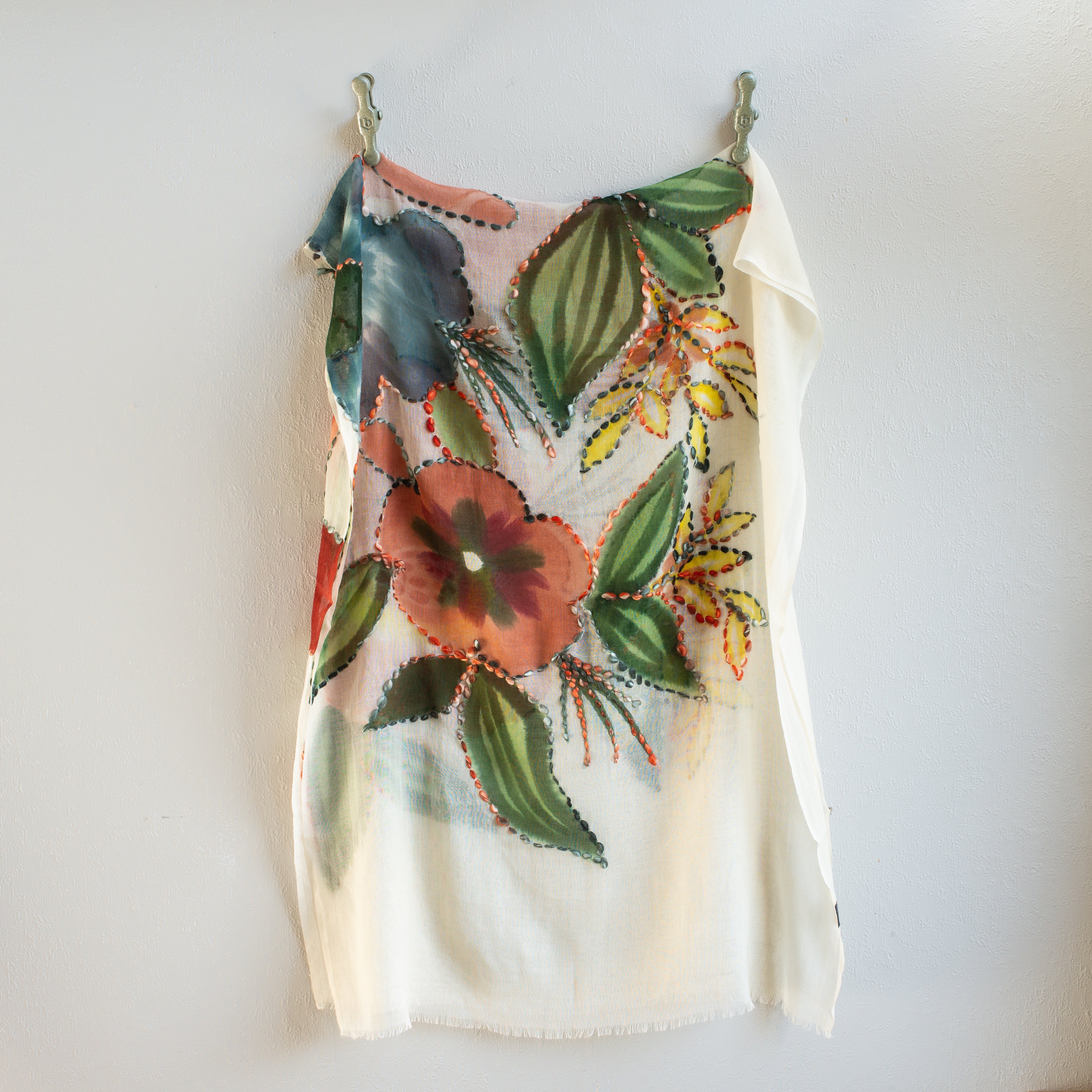 Embroidered Wool Scarf | Winter White Floral