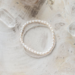 Natural Freshwater Pearl + Sterling Silver Bead Bracelet Set