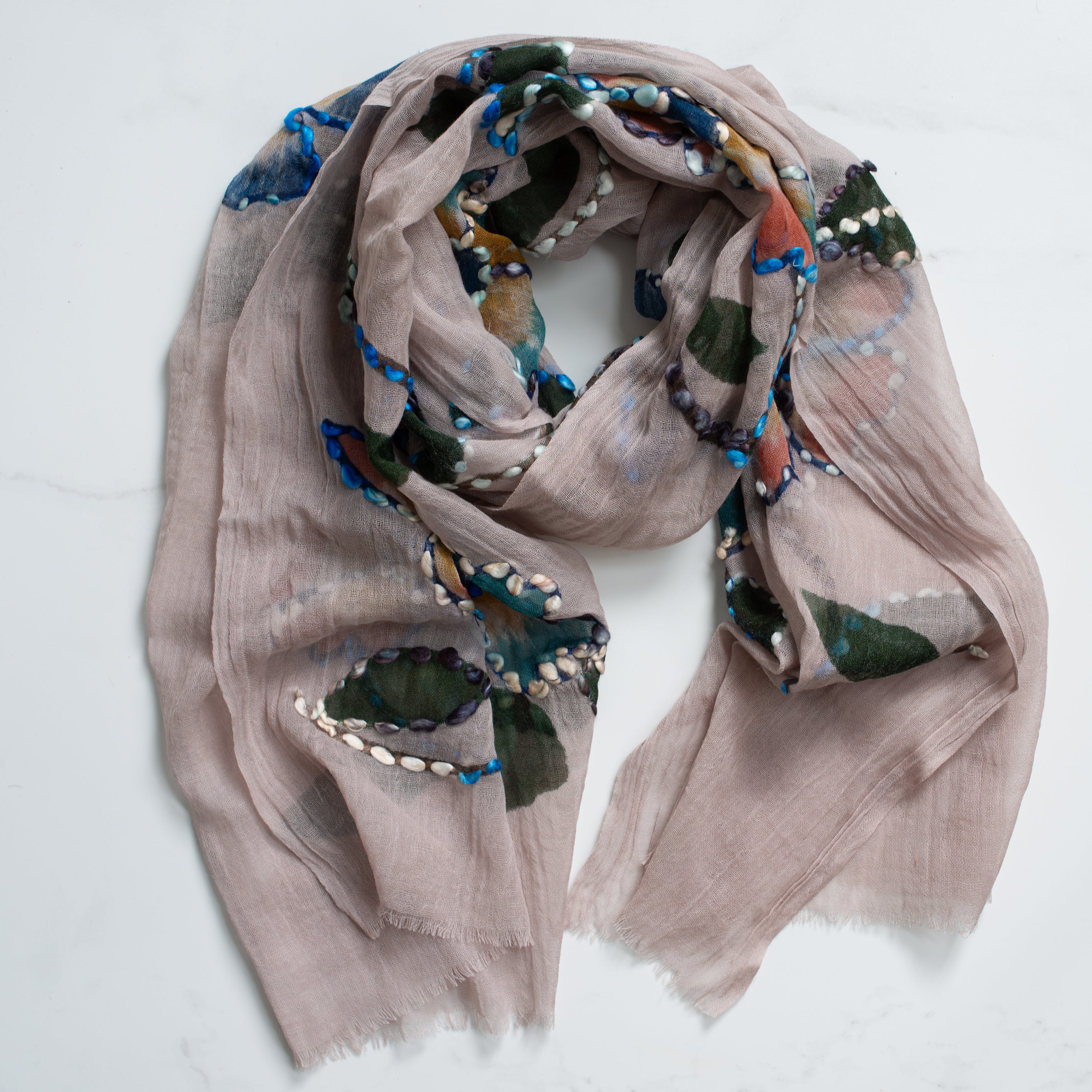 Embroidered Wool Scarf | Mushroom Flowers