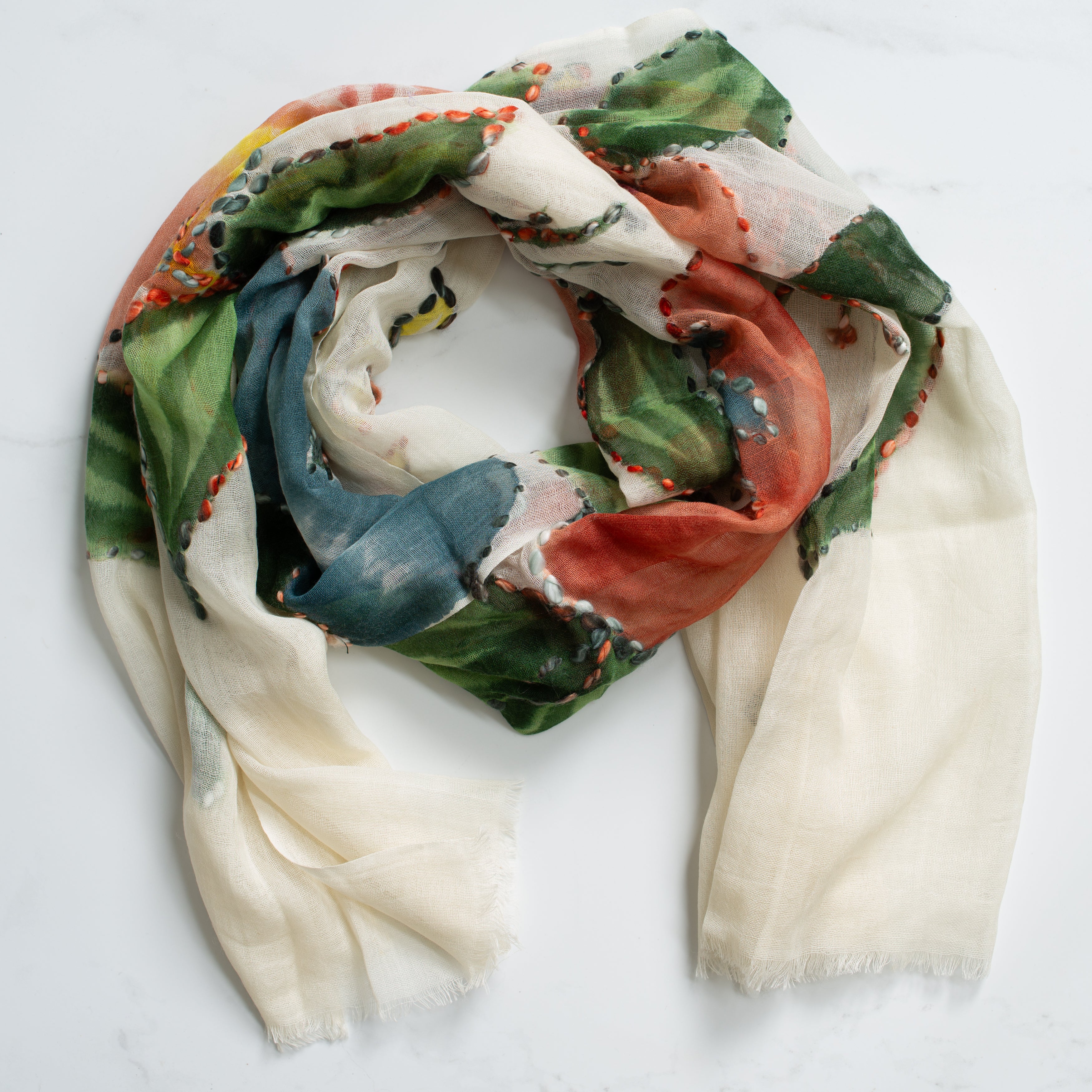 Embroidered Wool Scarf | Winter White Floral