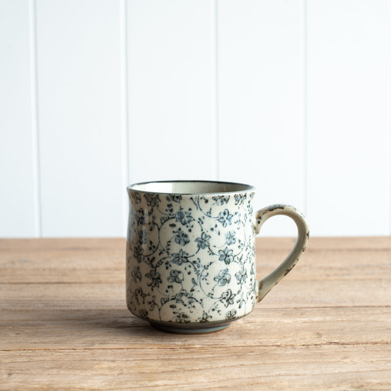 Japanese Ceramics | Tea Mug - Antique Kusa - blue / grey floral pattern | Folklore Home Store
