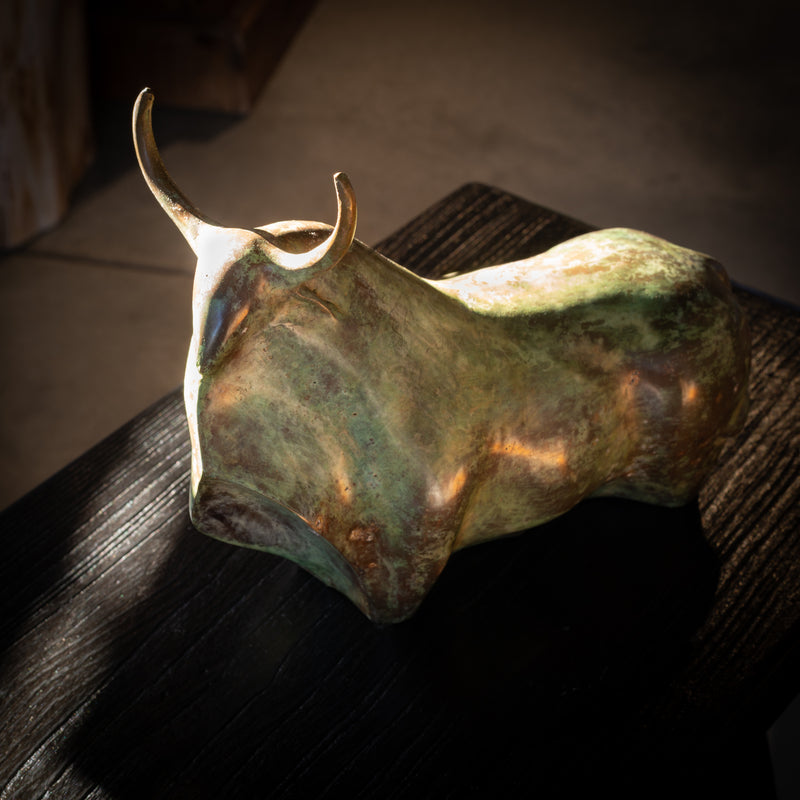 Bronze Bull Sculpture | 'Clyde The Bull - Verdigris Green in side light, top view
