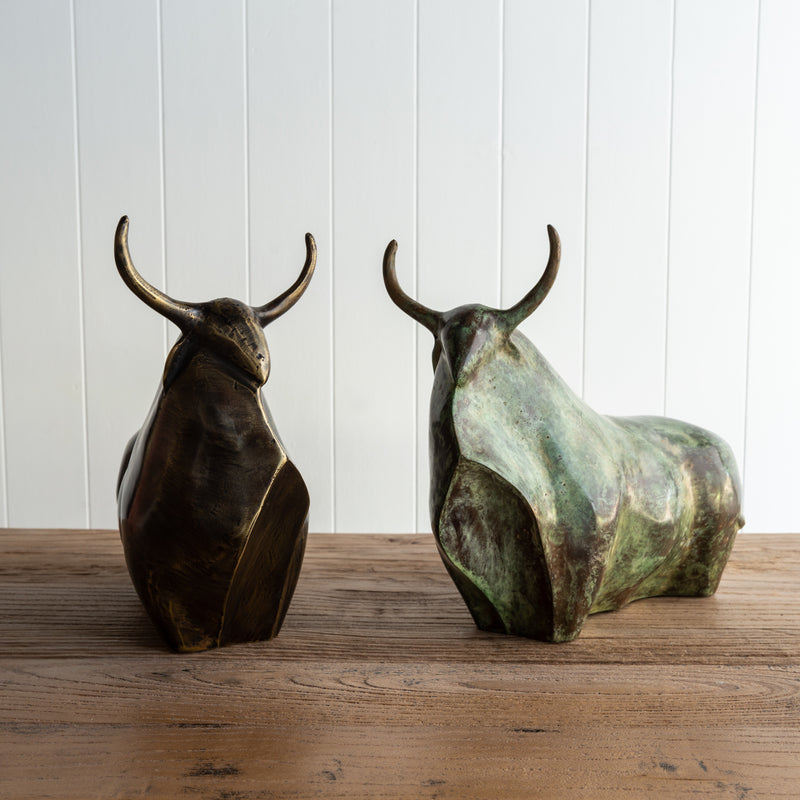 Bronze Bull Sculptures | 'Clyde The Bull - Verdigris Green  &amp; Antique bronze.
