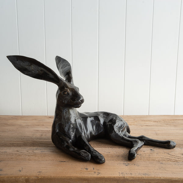 Bronze Hare Sculpture Sitting Relaxing Folklore NZ - antique bronze