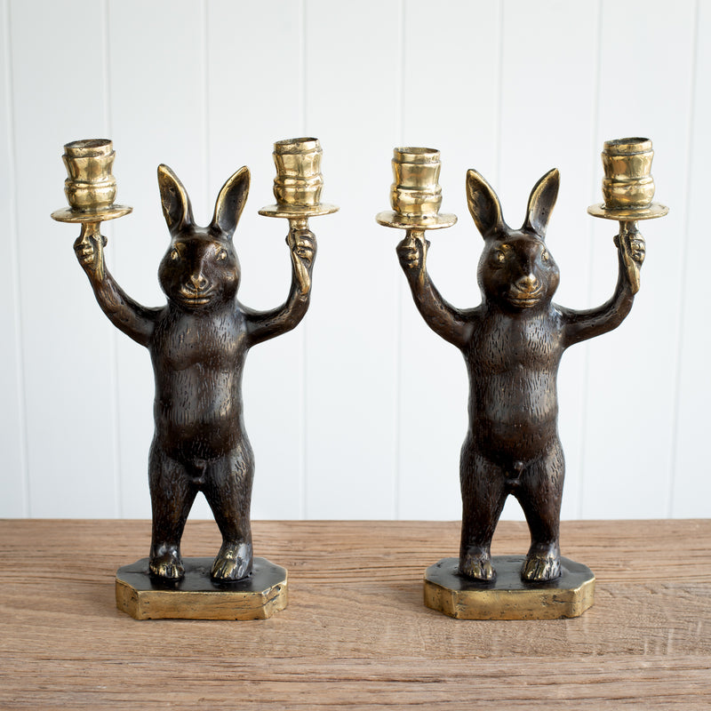Bronze Rabbit Candle Holder NZ | Candleabra - two rabbits | Folklore Homewares