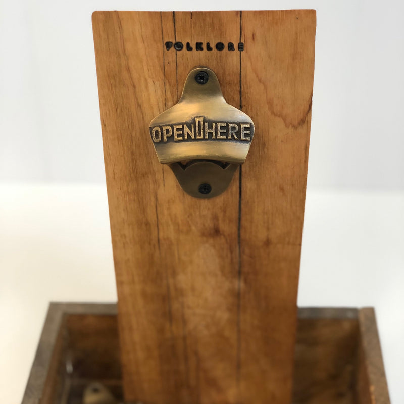 Brass Bottle Opener | ‘Open Here’ Wall Mounted, fixed bottle opener with Open here written on it
