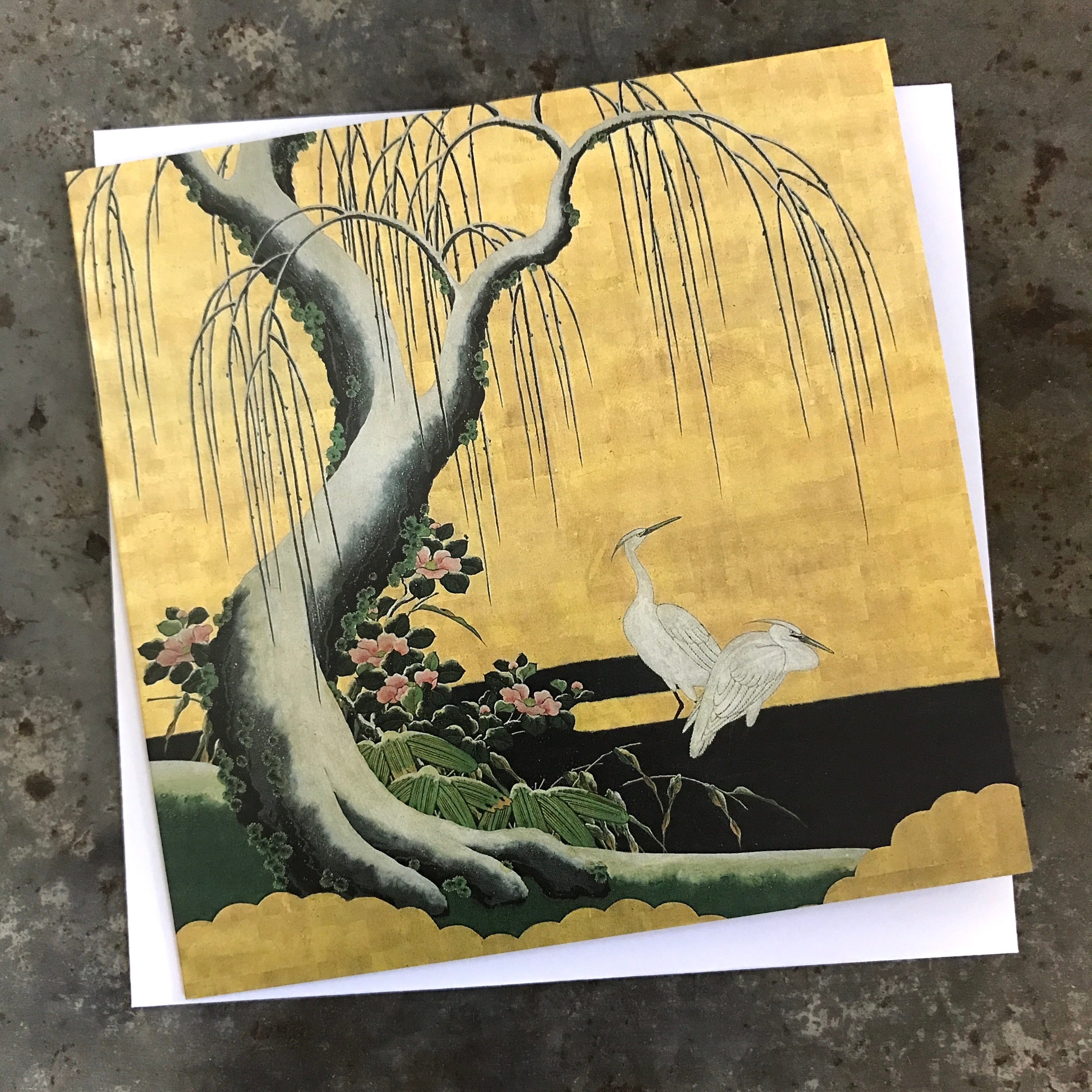 Gift Card | Japanese Herons, Willows &amp; Camellias Gold Greeting Card | Folklore Home Store NZ