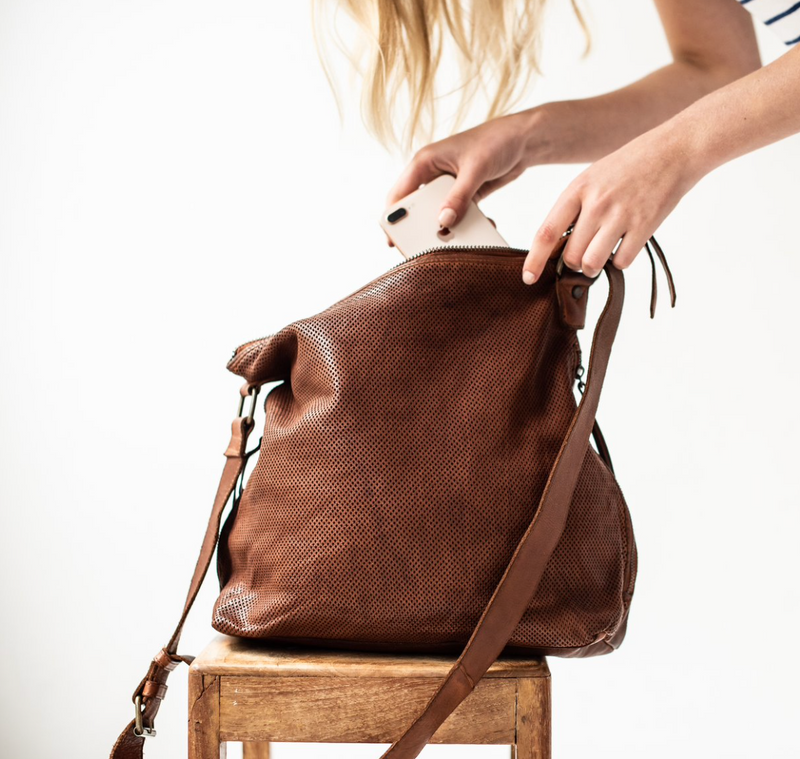 Juju & Co. | Perforated Leather Slouchy Bag | Cognac