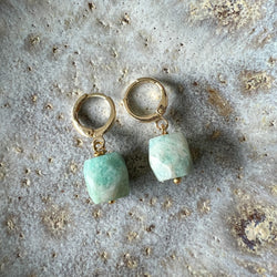 Earrings | Faceted Amazonite + Small Gold Hoops