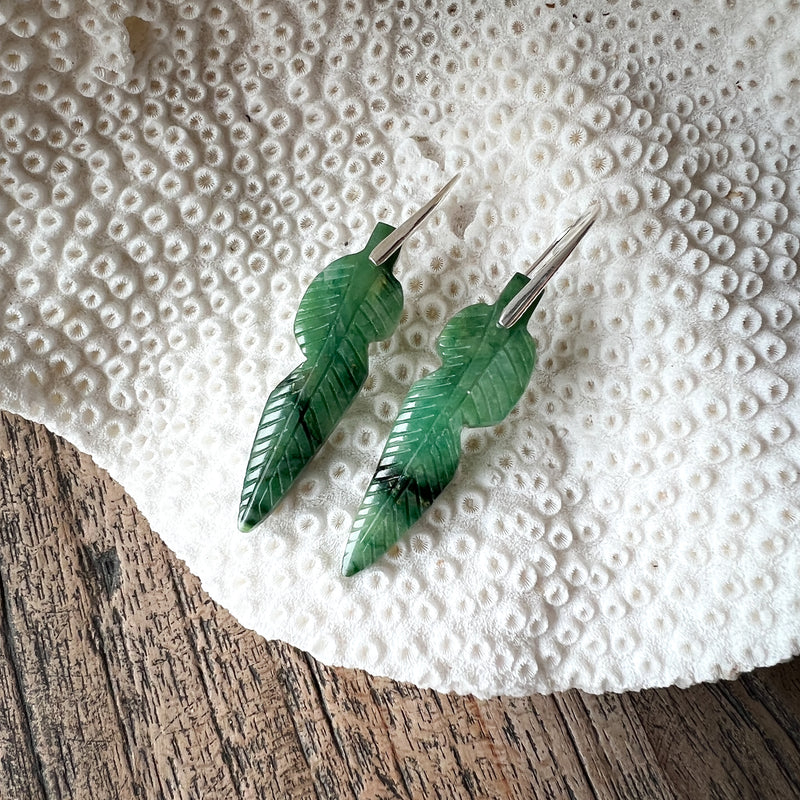 Natural Stone Earrings | African Jade Carved Feathers | Design C