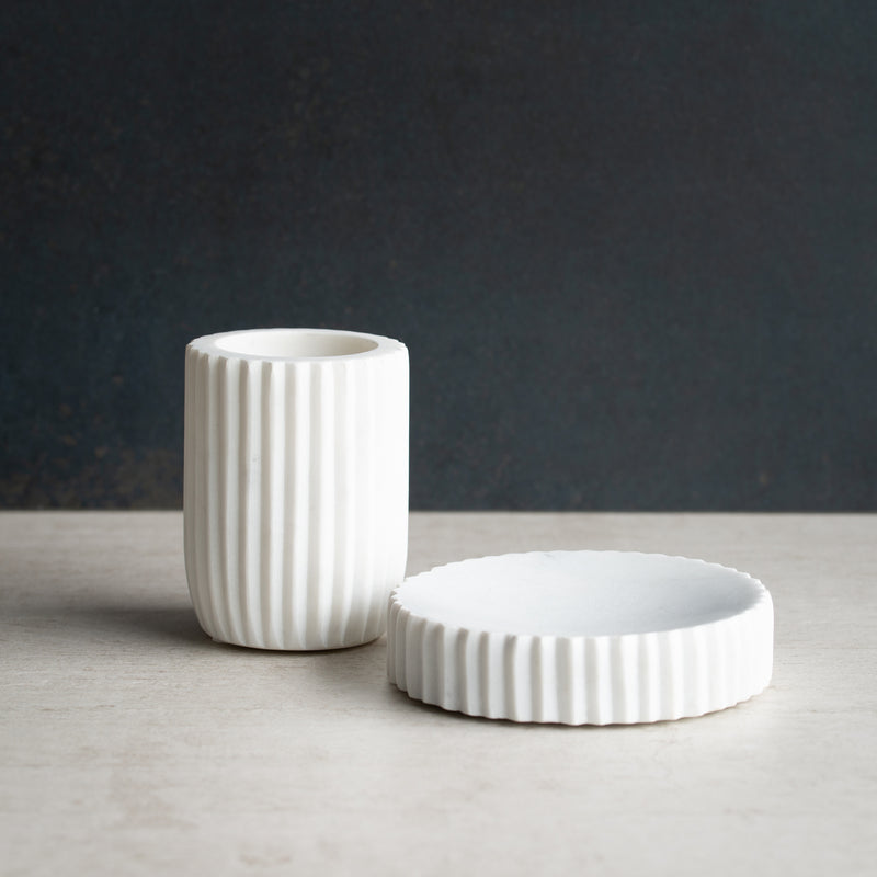 White Ribbed Marble Soap Dish | Round